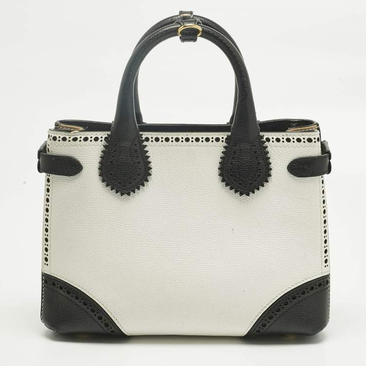 Pre Owned Burberry White/Black Leather and House Check Fabric Small Brogues Banner Tote
