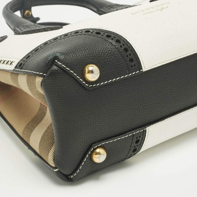 Pre Owned Burberry White/Black Leather and House Check Fabric Small Brogues Banner Tote