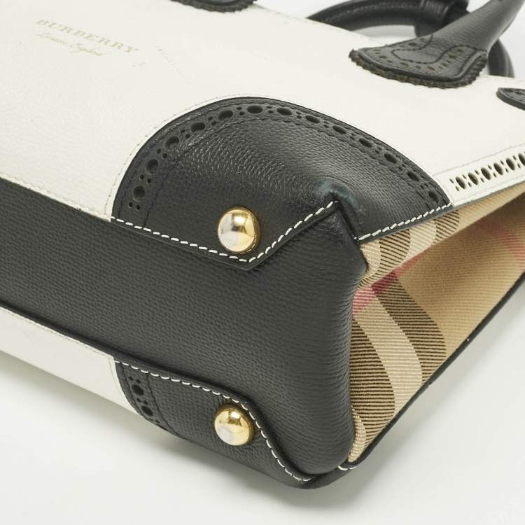 Pre Owned Burberry White/Black Leather and House Check Fabric Small Brogues Banner Tote