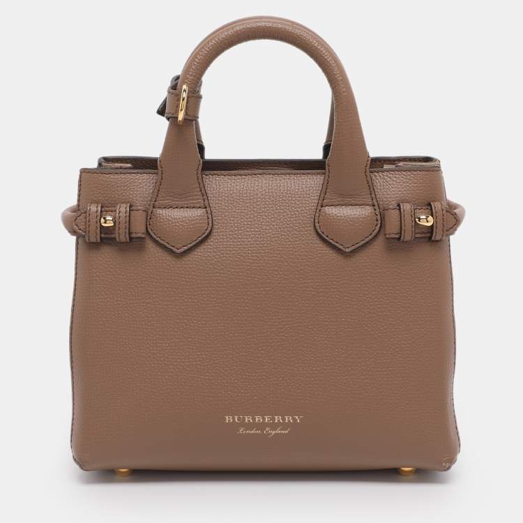 Pre Owned Burberry Brown/Beige Leather and House Check Fabric Mini Banner Tote