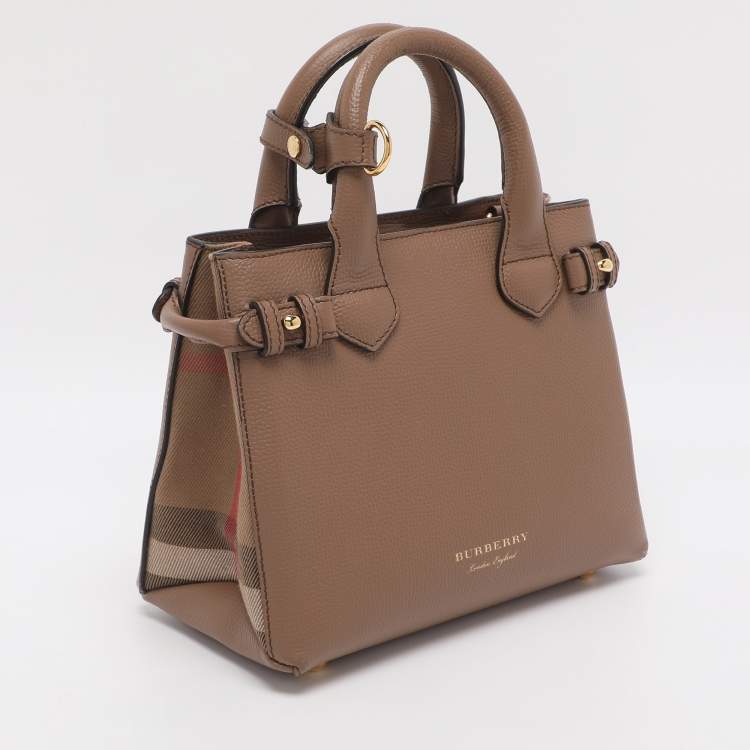 Pre Owned Burberry Brown/Beige Leather and House Check Fabric Mini Banner Tote