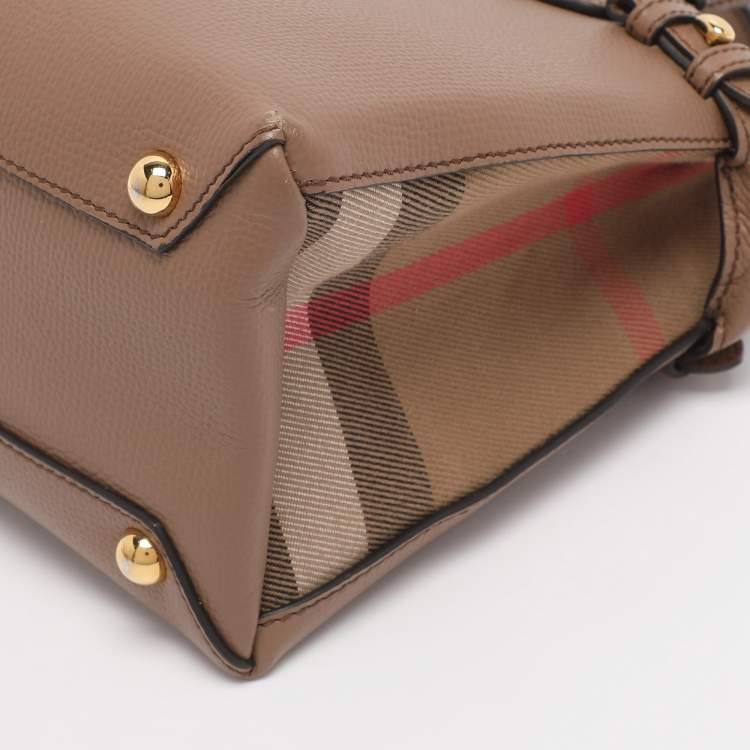 Pre Owned Burberry Brown/Beige Leather and House Check Fabric Mini Banner Tote