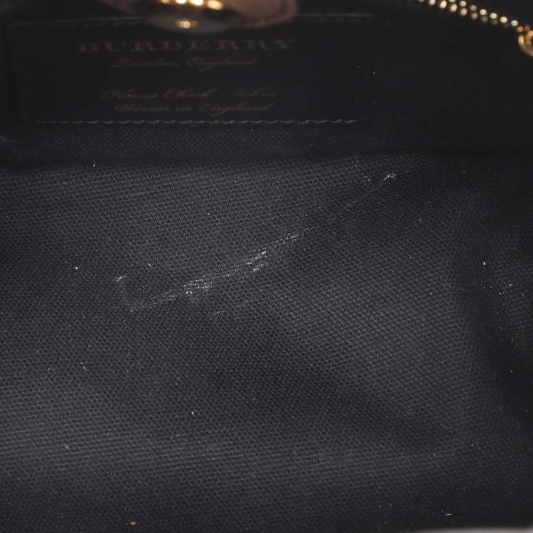 Pre Owned Burberry Brown/Beige Leather and House Check Fabric Mini Banner Tote