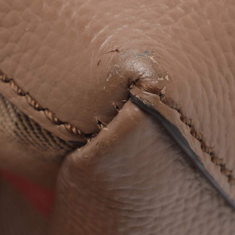 Pre Owned Burberry Brown/Beige Leather and House Check Fabric Mini Banner Tote