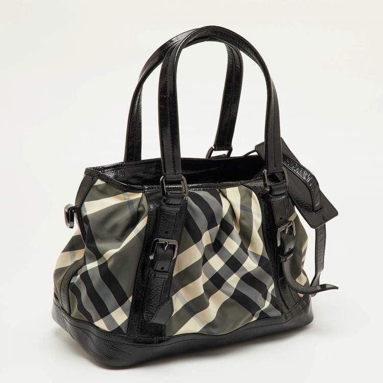 Pre Owned Burberry Black/Grey Beat Check Nylon and Patent Leather Medium Lowry Tote