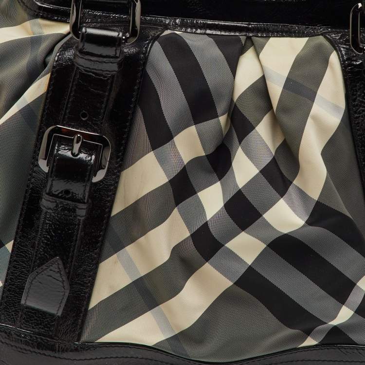 Pre Owned Burberry Black/Grey Beat Check Nylon and Patent Leather Medium Lowry Tote