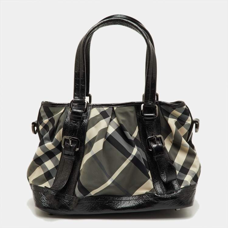 Pre Owned Burberry Black/Grey Beat Check Nylon and Patent Leather Medium Lowry Tote