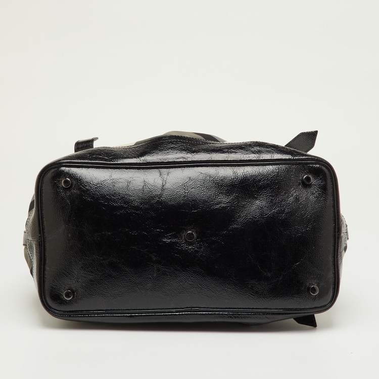 Pre Owned Burberry Black/Grey Beat Check Nylon and Patent Leather Medium Lowry Tote