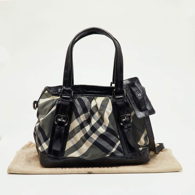 Pre Owned Burberry Black/Grey Beat Check Nylon and Patent Leather Medium Lowry Tote