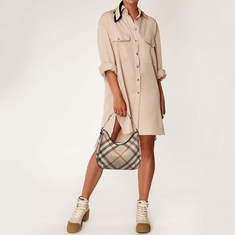 Pre Owned Burberry Beige/Black Nova Check PVC and Patent Leather Small Barton Hobo