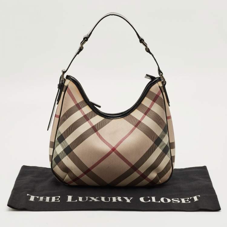 Pre Owned Burberry Beige/Black Nova Check PVC and Patent Leather Small Barton Hobo
