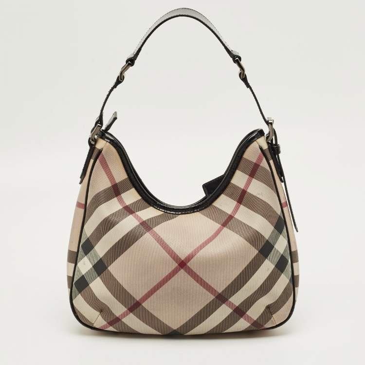 Pre Owned Burberry Beige/Black Nova Check PVC and Patent Leather Small Barton Hobo