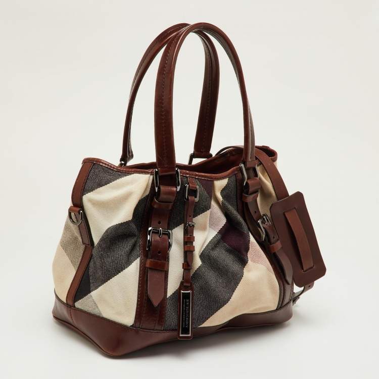 Pre Owned Burberry Brown/Beige Mega Check Canvas and Leather Lowry Tote