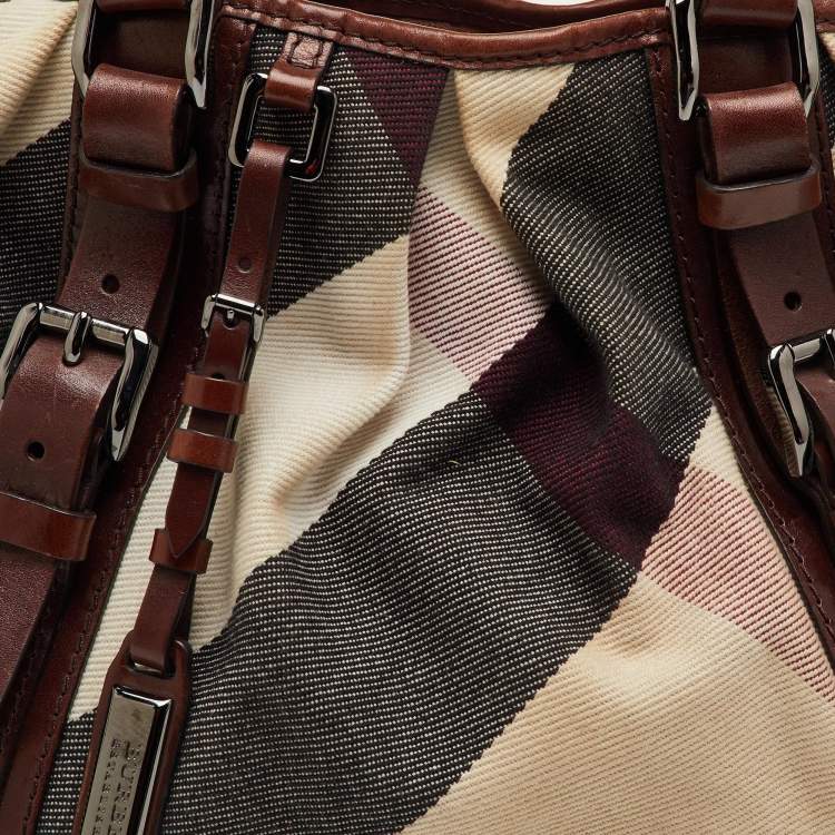 Pre Owned Burberry Brown/Beige Mega Check Canvas and Leather Lowry Tote