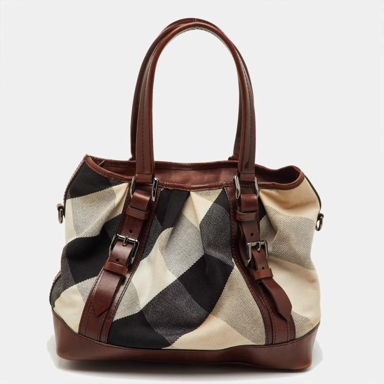 Pre Owned Burberry Brown/Beige Mega Check Canvas and Leather Lowry Tote