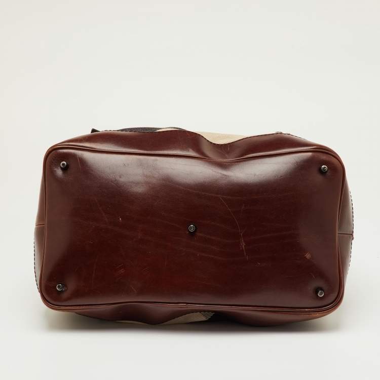 Pre Owned Burberry Brown/Beige Mega Check Canvas and Leather Lowry Tote