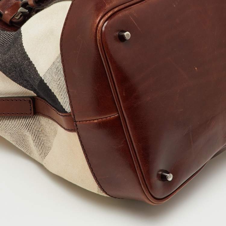Pre Owned Burberry Brown/Beige Mega Check Canvas and Leather Lowry Tote