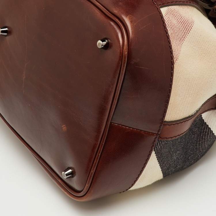 Pre Owned Burberry Brown/Beige Mega Check Canvas and Leather Lowry Tote