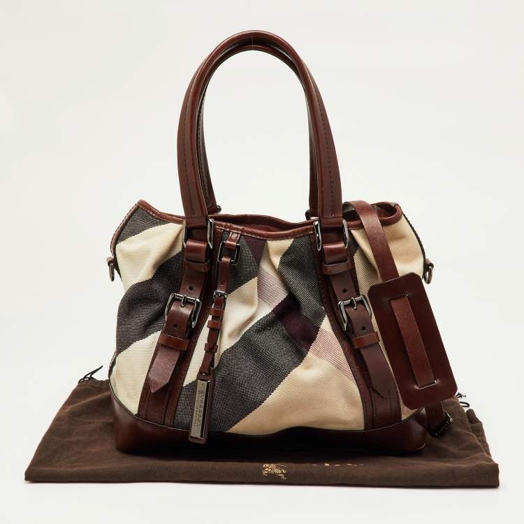 Pre Owned Burberry Brown/Beige Mega Check Canvas and Leather Lowry Tote