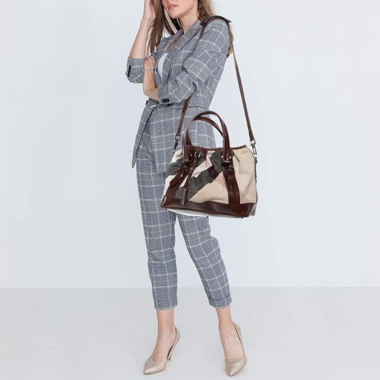 Pre Owned Burberry Brown/Beige Mega Check Canvas and Leather Lowry Tote