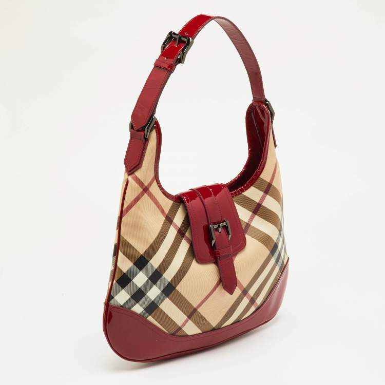 Pre Owned Burberry Beige/Burgundy Nova Check PVC and Patent Leather Brooke Hobo