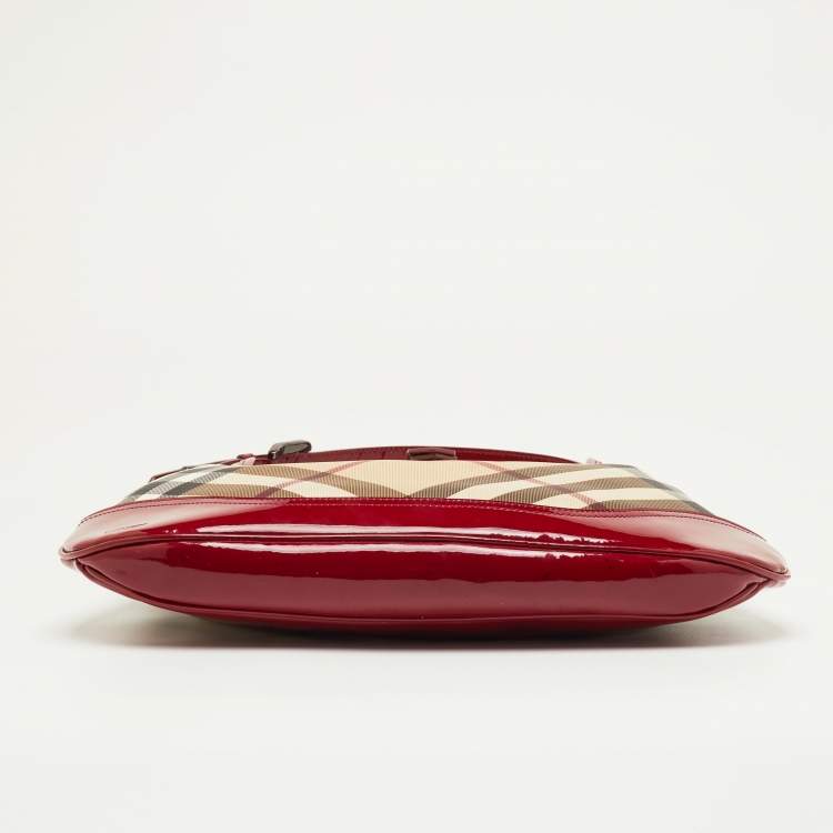 Pre Owned Burberry Beige/Burgundy Nova Check PVC and Patent Leather Brooke Hobo