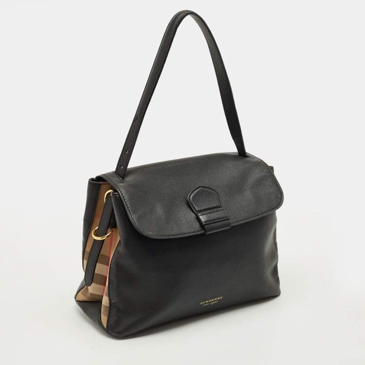 Pre Owned Burberry Camberley Black Leather and House Check Fabric Top Handle Bag