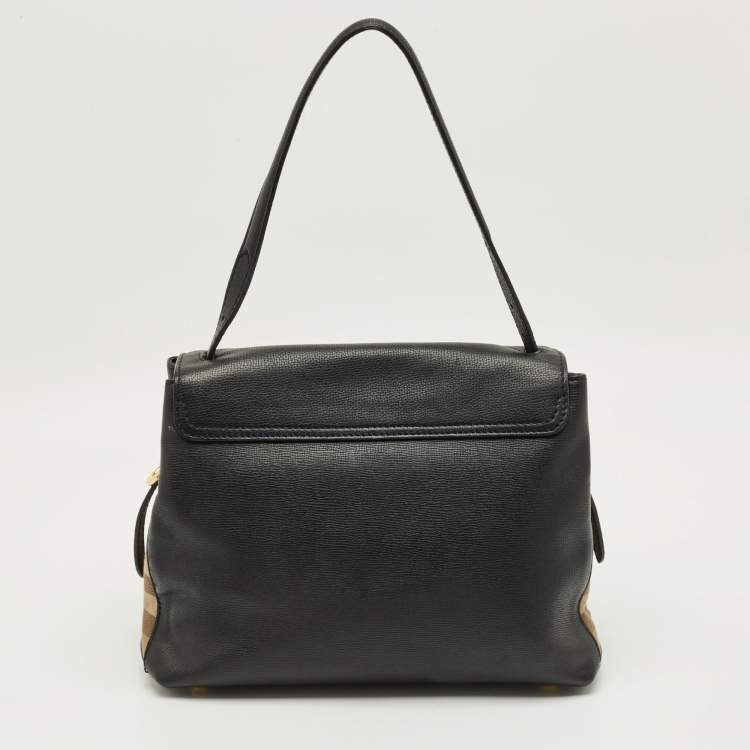 Pre Owned Burberry Camberley Black Leather and House Check Fabric Top Handle Bag