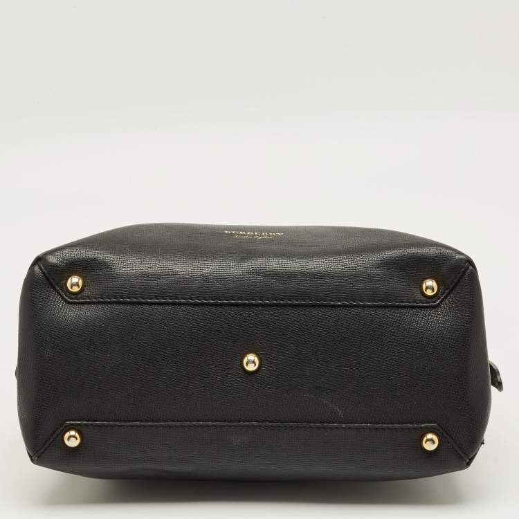 Pre Owned Burberry Camberley Black Leather and House Check Fabric Top Handle Bag