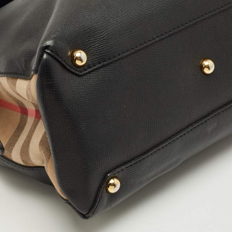 Pre Owned Burberry Camberley Black Leather and House Check Fabric Top Handle Bag
