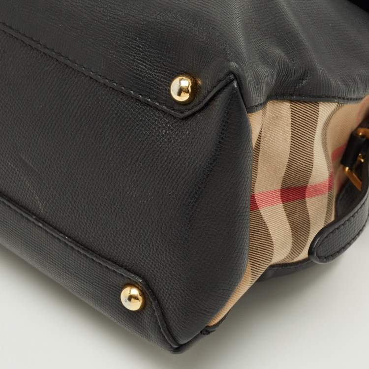 Pre Owned Burberry Camberley Black Leather and House Check Fabric Top Handle Bag