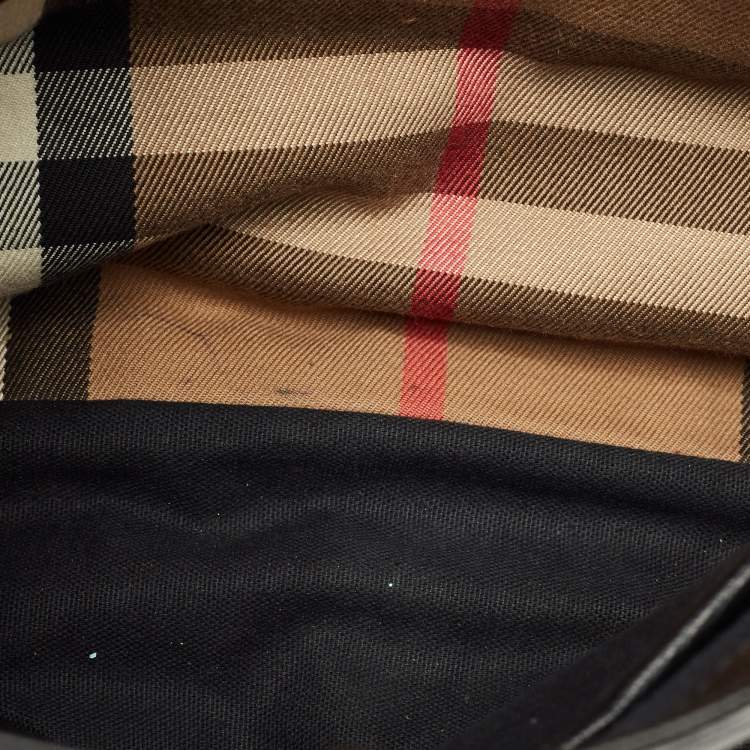 Pre Owned Burberry Camberley Black Leather and House Check Fabric Top Handle Bag