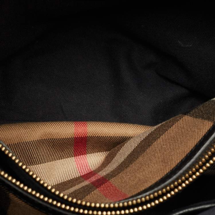 Pre Owned Burberry Camberley Black Leather and House Check Fabric Top Handle Bag