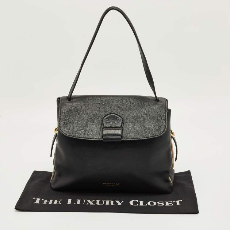 Pre Owned Burberry Camberley Black Leather and House Check Fabric Top Handle Bag