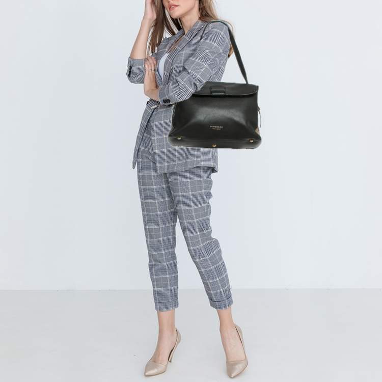 Pre Owned Burberry Camberley Black Leather and House Check Fabric Top Handle Bag