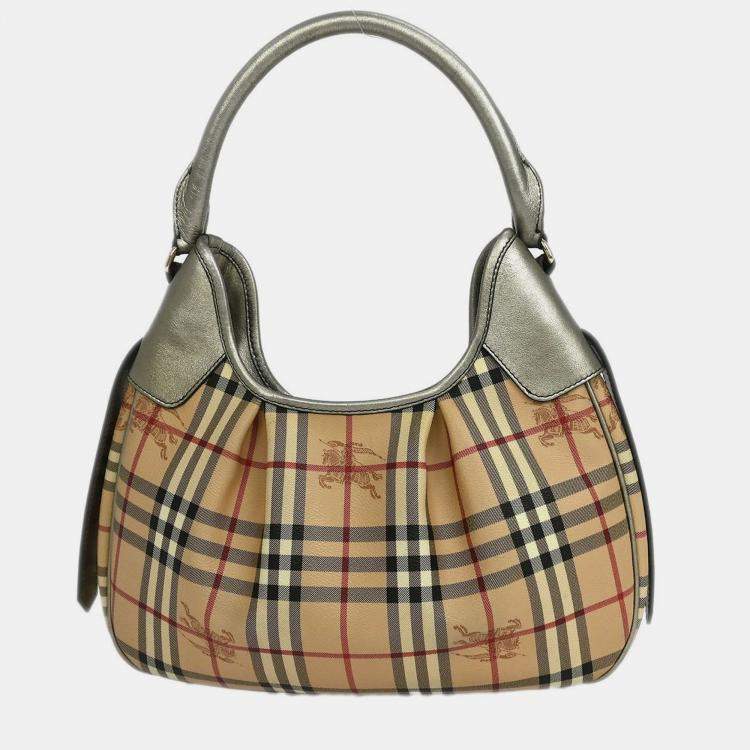 Pre Owned Burberry Beige Gold House Check Handbag