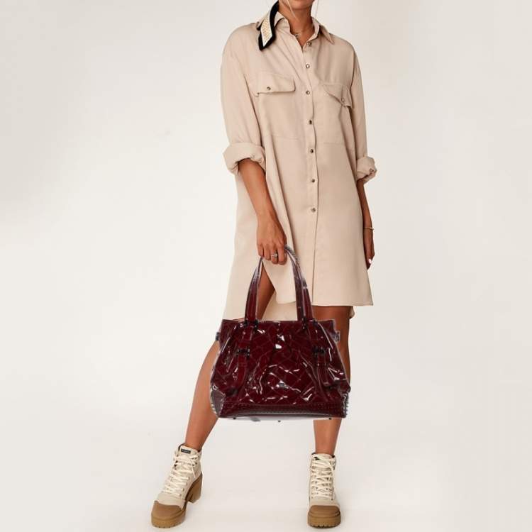 Pre Owned Burberry Lowry Red Patent Leather Tote