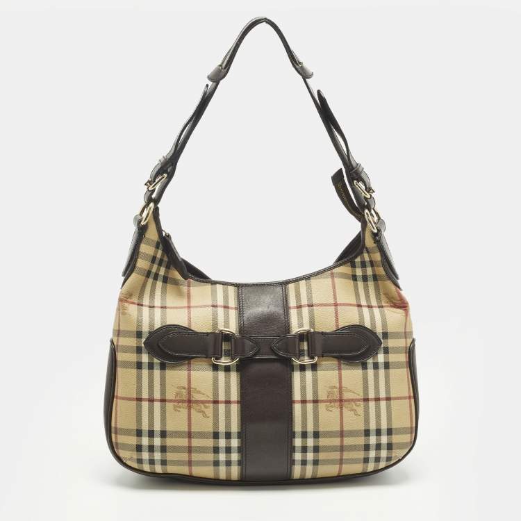 Pre Owned Burberry Dark Brown/Beige Haymarket Coated Canvas and Leather Hobo