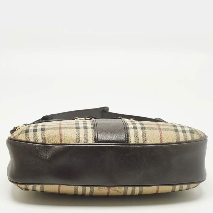 Pre Owned Burberry Dark Brown/Beige Haymarket Coated Canvas and Leather Hobo