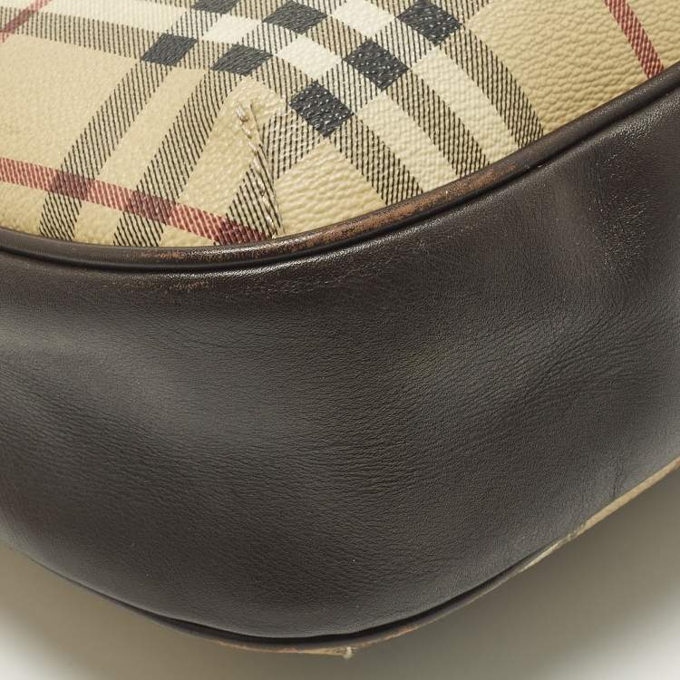 Pre Owned Burberry Dark Brown/Beige Haymarket Coated Canvas and Leather Hobo