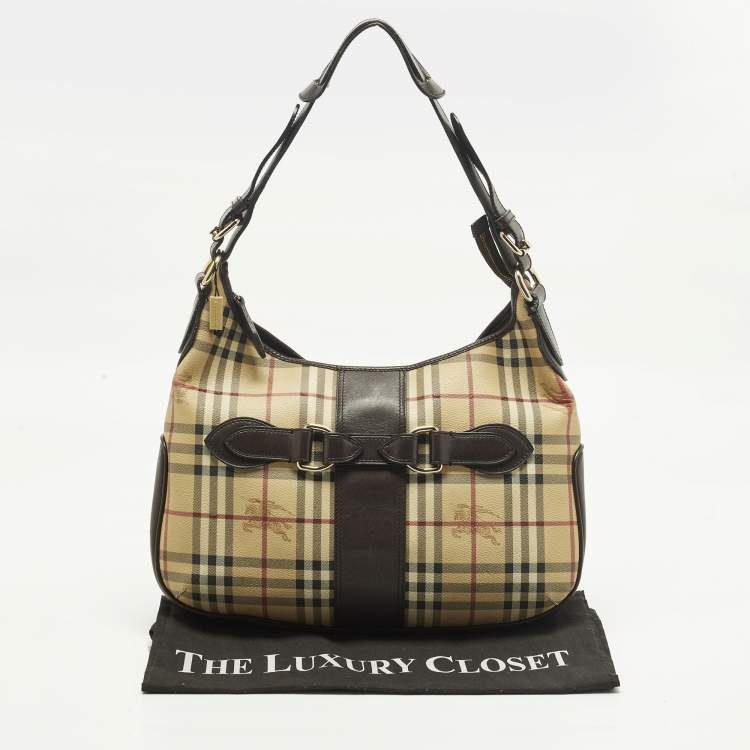 Pre Owned Burberry Dark Brown/Beige Haymarket Coated Canvas and Leather Hobo