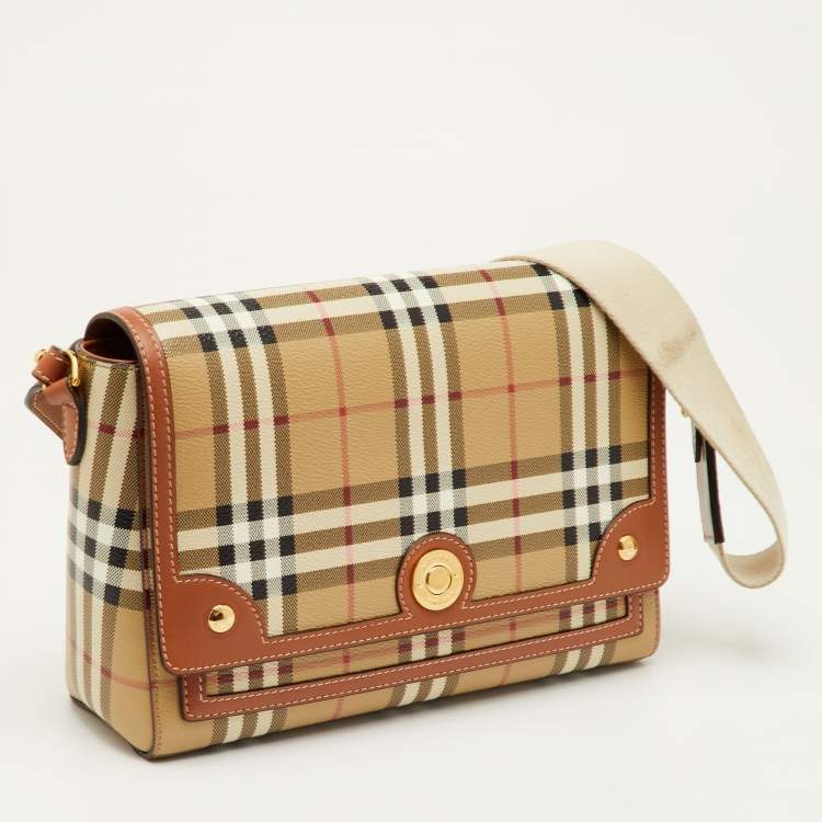 Pre Owned Burberry Note Beige/Brown Check Leather Flap Shoulder Bag