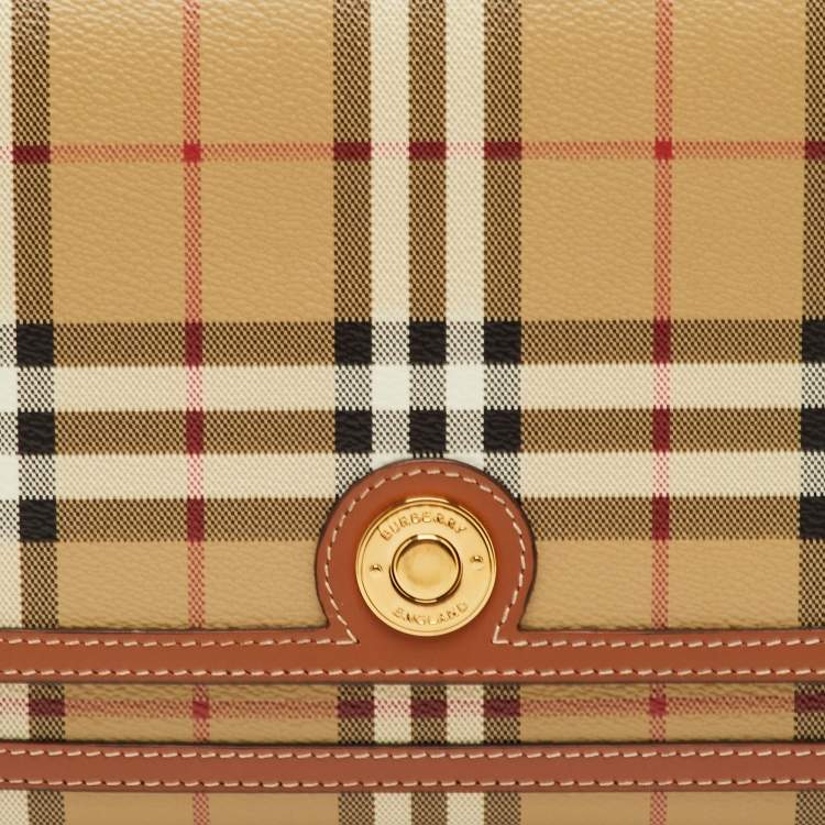 Pre Owned Burberry Note Beige/Brown Check Leather Flap Shoulder Bag