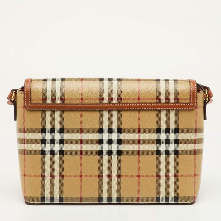 Pre Owned Burberry Note Beige/Brown Check Leather Flap Shoulder Bag