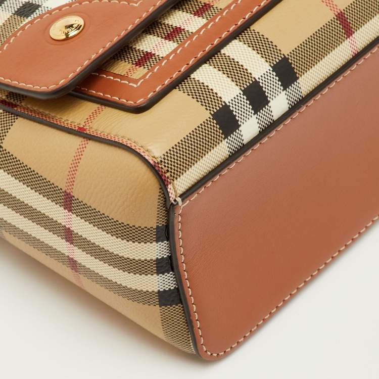 Pre Owned Burberry Note Beige/Brown Check Leather Flap Shoulder Bag