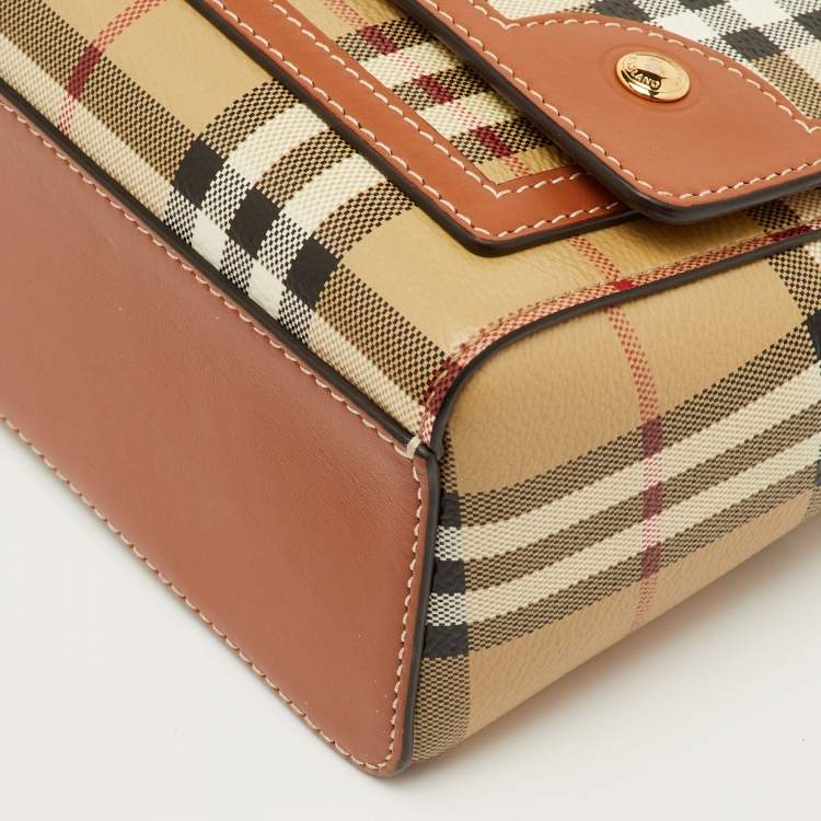 Pre Owned Burberry Note Beige/Brown Check Leather Flap Shoulder Bag