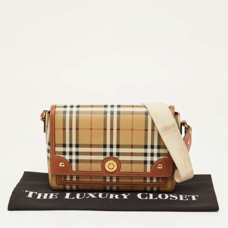 Pre Owned Burberry Note Beige/Brown Check Leather Flap Shoulder Bag