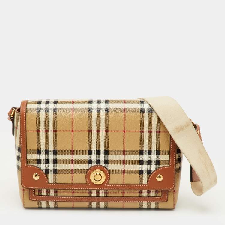 Pre Owned Burberry Note Beige/Brown Check Leather Flap Shoulder Bag