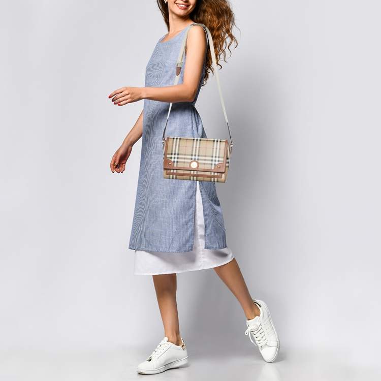 Pre Owned Burberry Note Beige/Brown Check Leather Flap Shoulder Bag