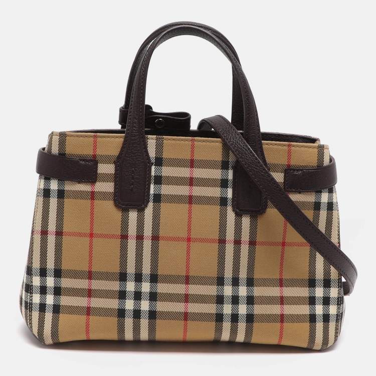 Pre Owned Burberry Banner Small Beige Vintage Check Canvas Tote